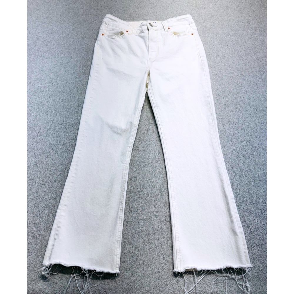 Paige Colette Crop Flare Jeans Womens 28 White High Rise Raw Hem Denim Stretch